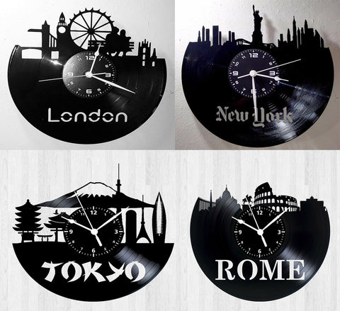 SET 4 CITTA' ➤ Orologi in Vinile da Parete ROMA TOKYO LONDRA NEW YORK